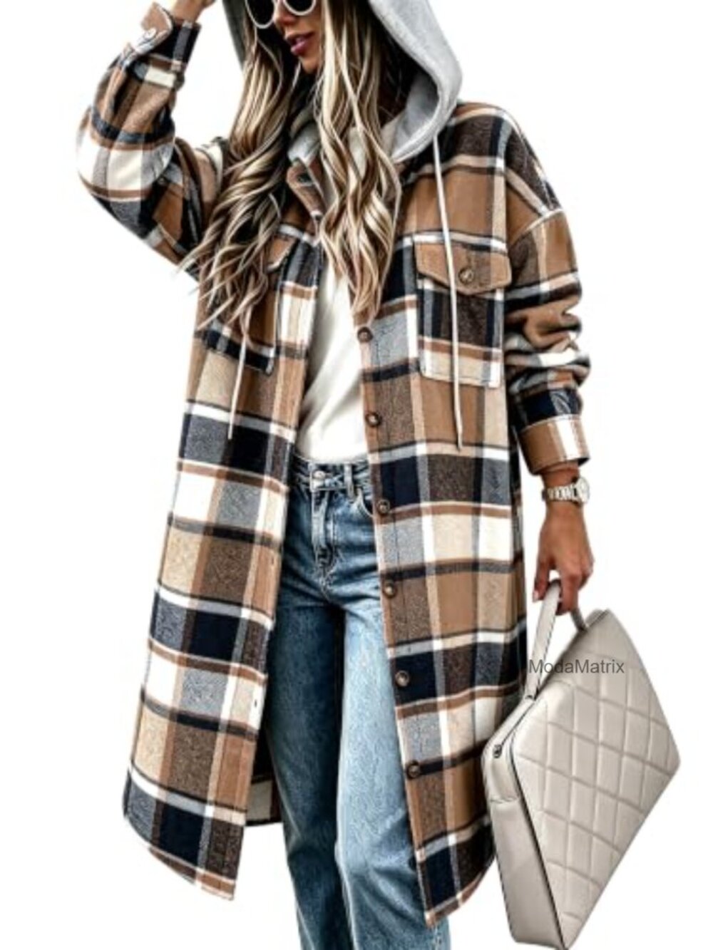 CHICZONE Womens Long Plaid Flannel Hooded Shacket Jacket